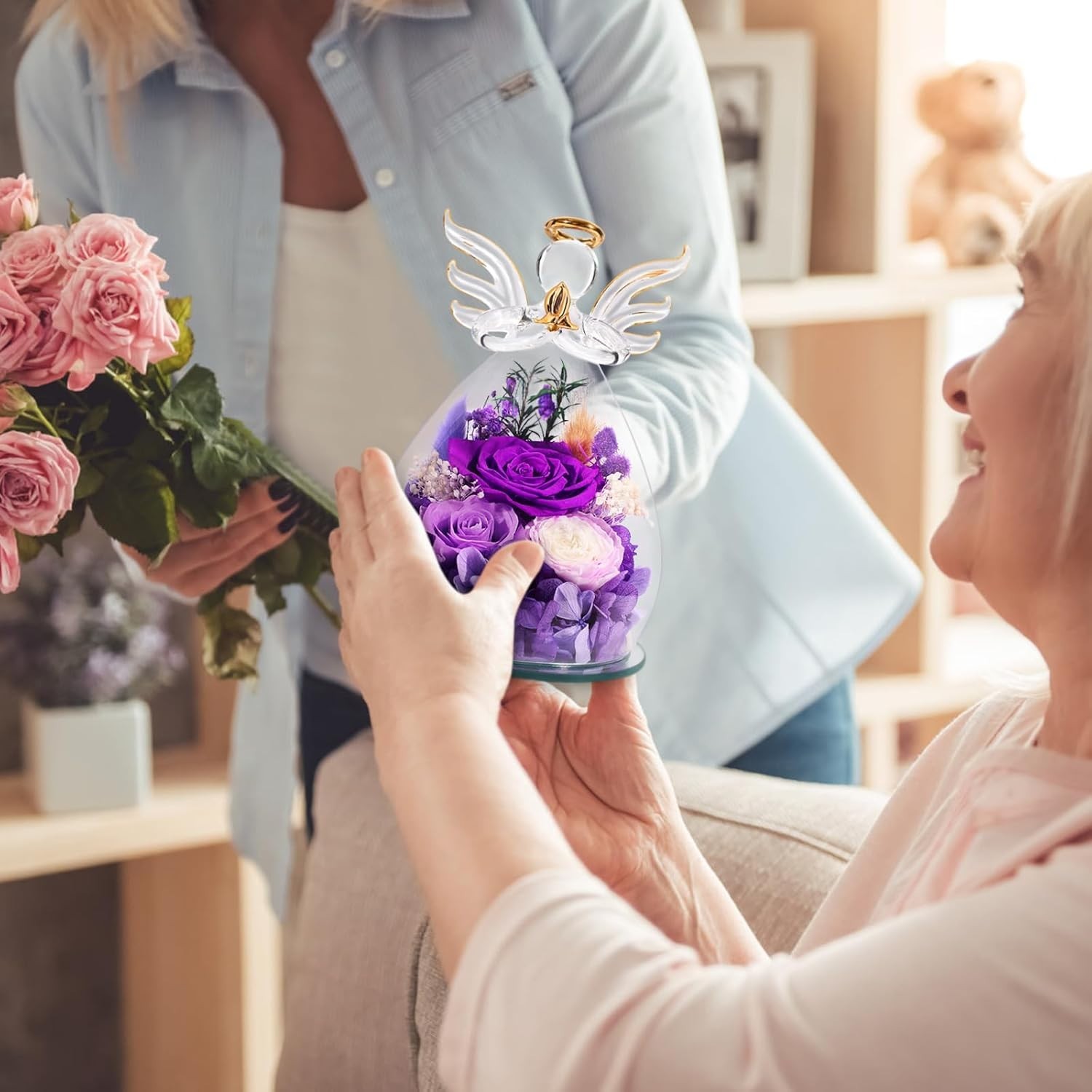 Gifts for Mom Women Birthday Preserved Rose in Glass Angel Figurine Forever F…
