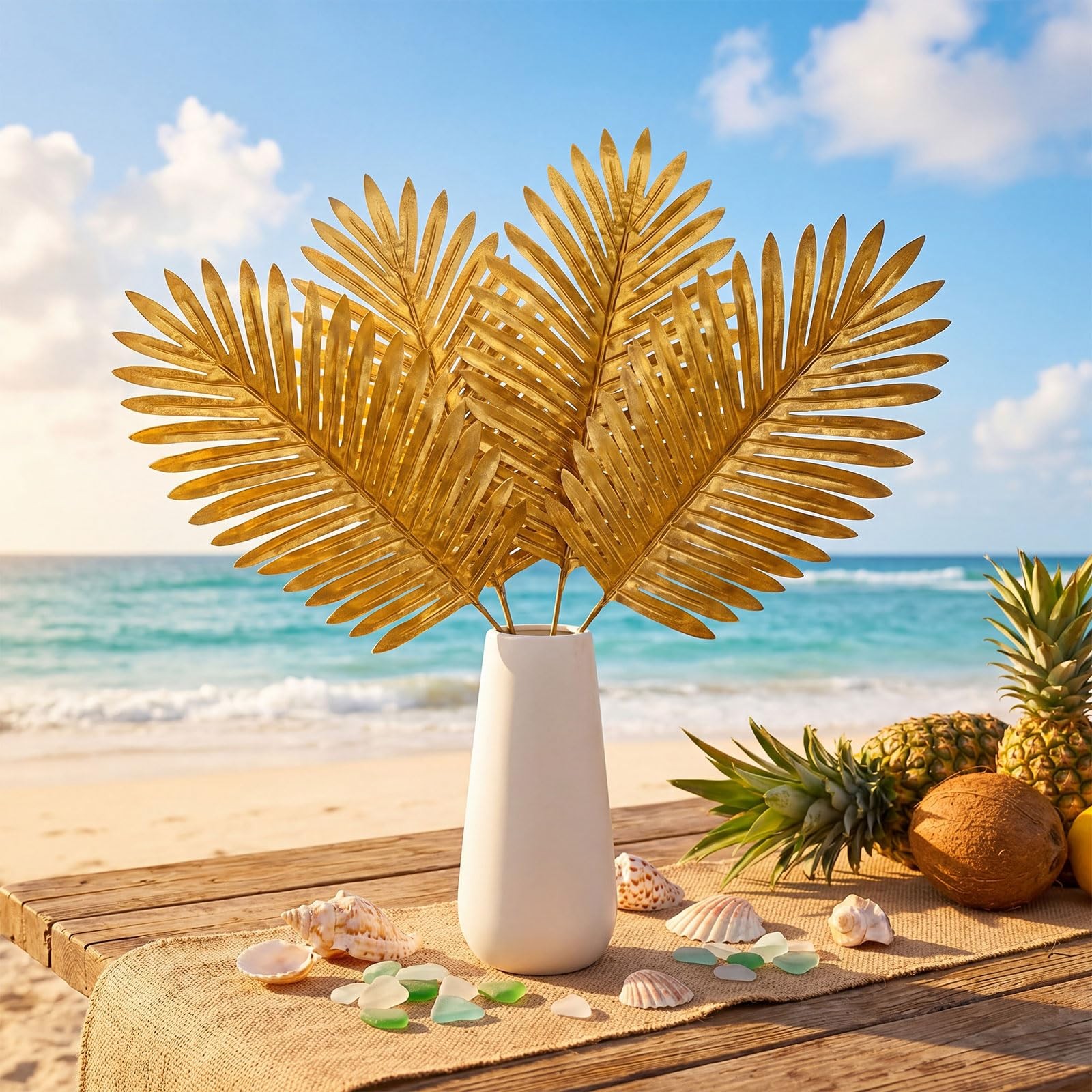 6 Pcs 18 Inch Summer Artificial Gold Palm Leaves Tropical Faux Palm Leaves Fa…