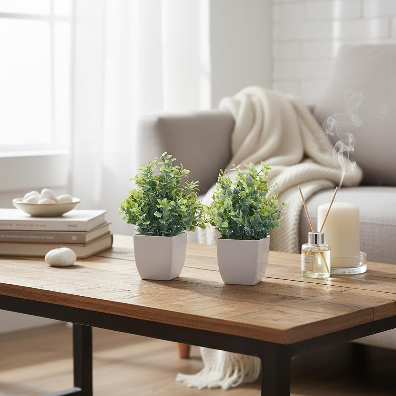 Fake Plants 4 Packs Small Artificial Greenery Mini White Potted Plants Bathroom