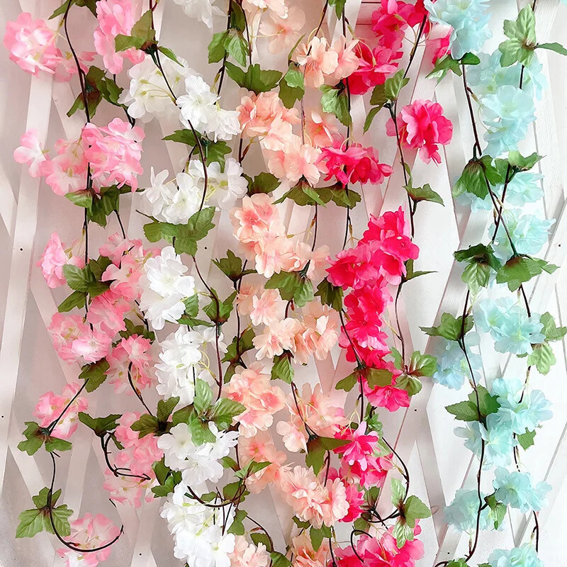8Pcs 1.8M Artificial Cherry Blossom Flower Vines Faux Flowers Hanging Decor New