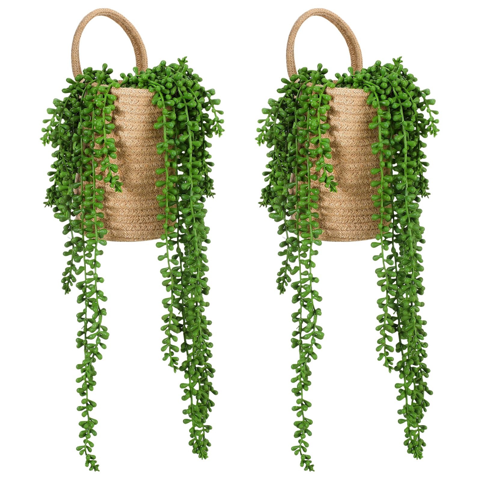 2 Pack Wall Hanging Rope Baskets with 4 Pcs Faux Strings of Pearls Plant Jute…