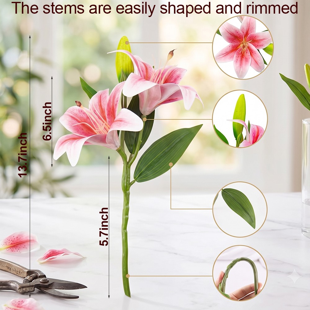 6PCS Artificial Lilies Set with 12 Heads Fully Bloomed Lilies 6 Buds Short Stem