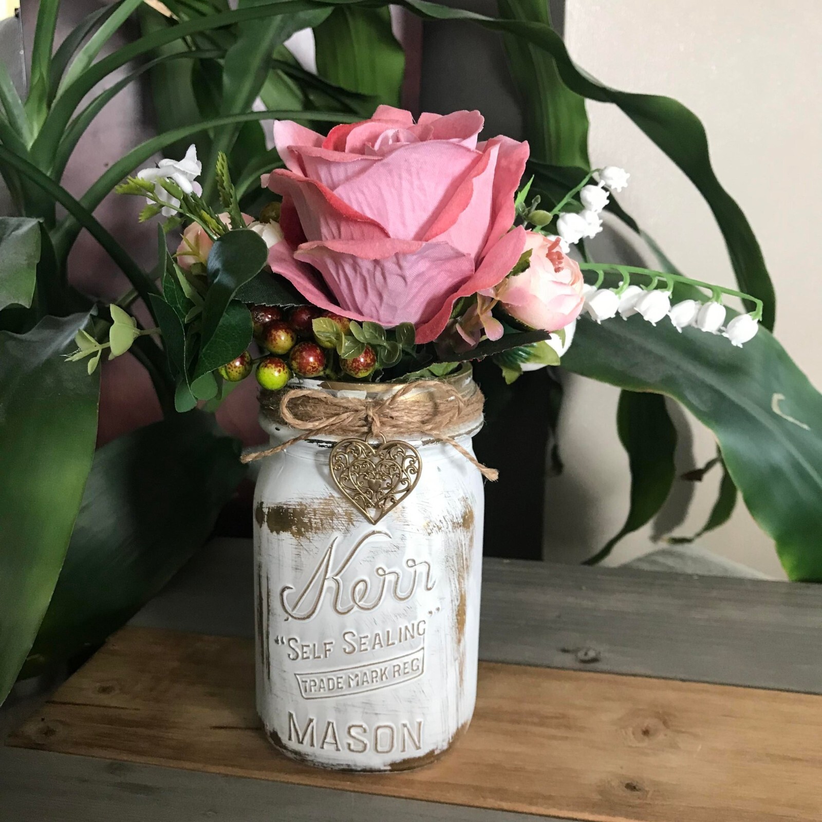 Handmade Pink Floral Arrangement in Distressed White and Metallic Gold Jar