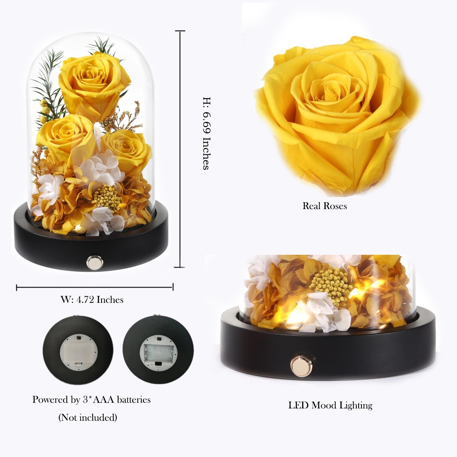 Preserved Roses Flowers in Glass Dome, Long-Lasting Real Yellow Forever Roses…