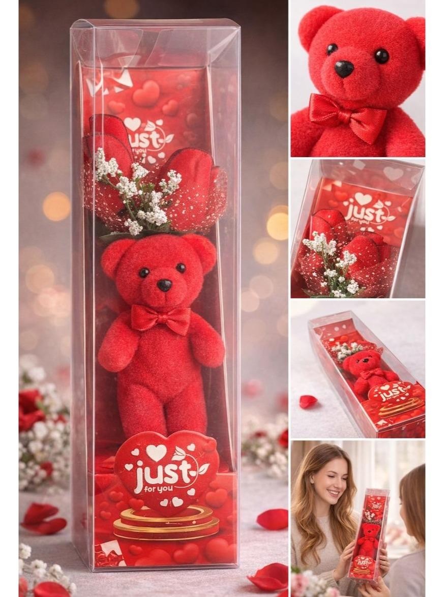 Mini Teddy Bear Gift Box with Plush Bear & Artificial Roses for Valentine’s Day