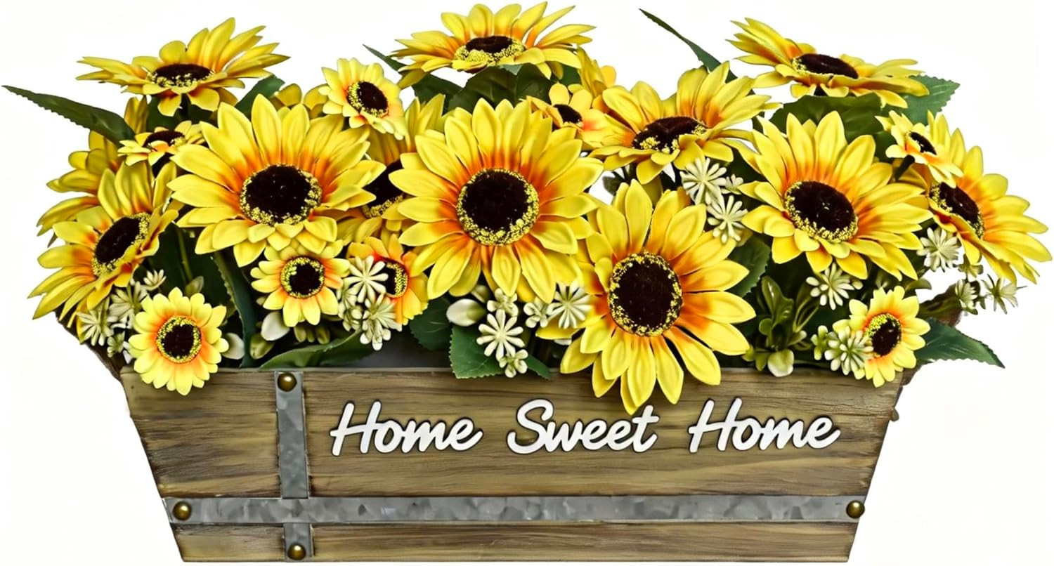 Artificial Sunflower Arrangement in Rustic Wood Box with “Home Sweet Home” Sign,