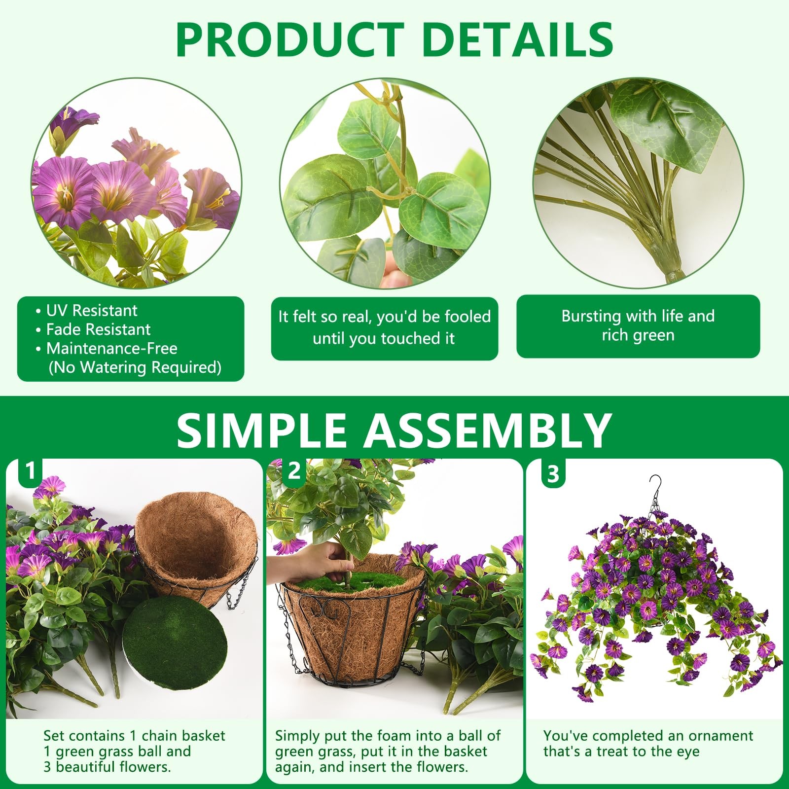 Artificial Hanging Fake Flowers with Basket Plants for Outdoor Decoration, Fa…
