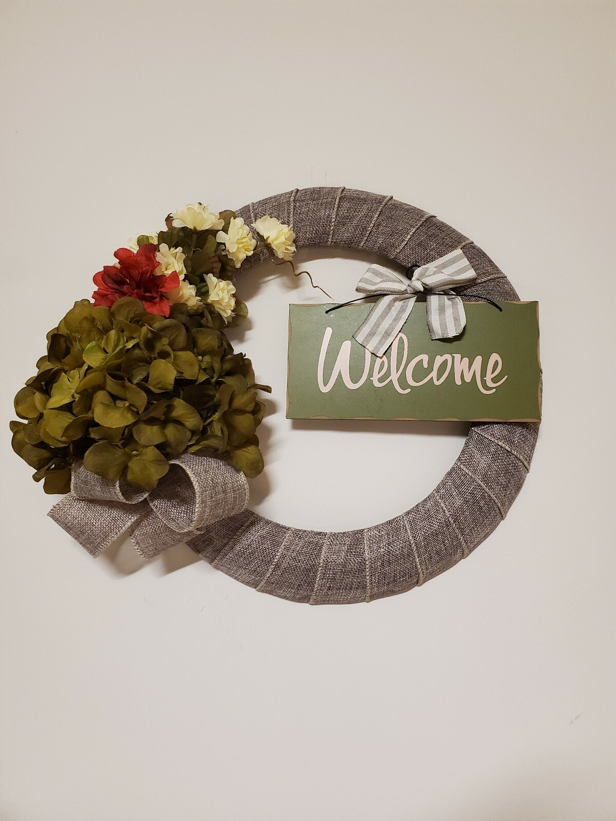 WELCOME wreath FLOWER Hydrangeas Mums burlap FALL autumn Decor Front Door 15