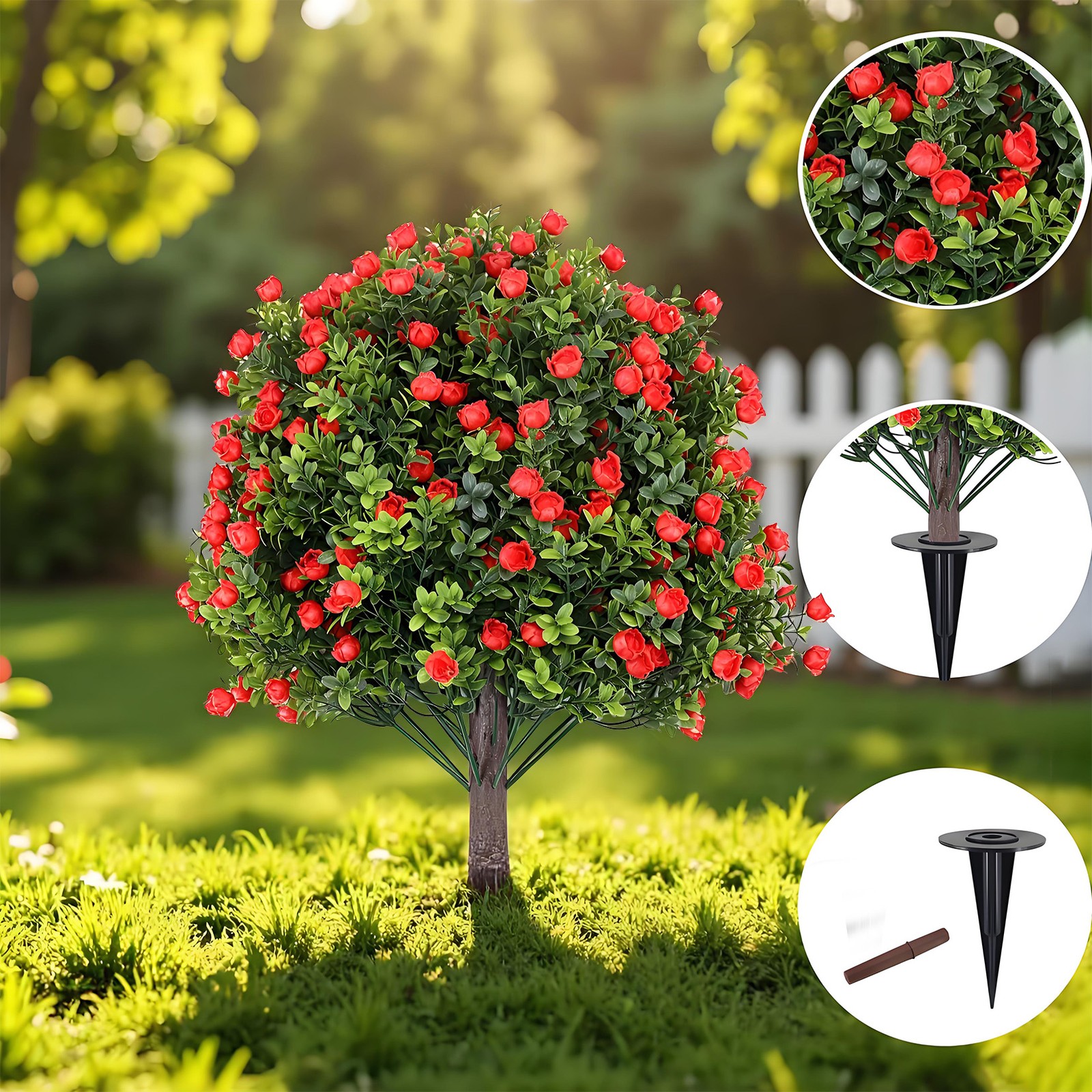 4 Pack Artificial Boxwood Rose Garden Stakes 24 in UV Resistant Outdoor Decor