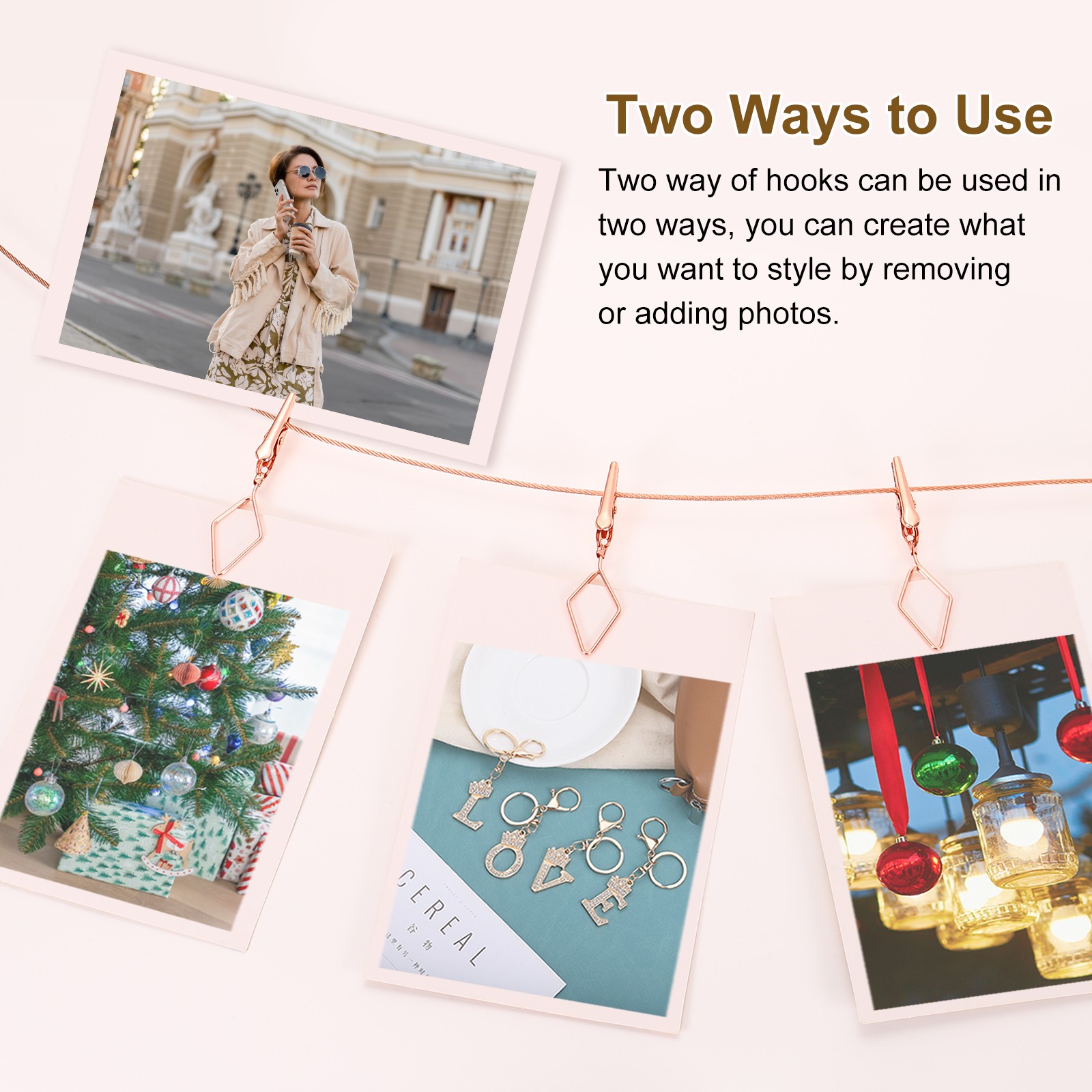 5Ft Wall Hanging Photo Display Cable Wire Rod with 10 Rhombus Clips, Rose Gold