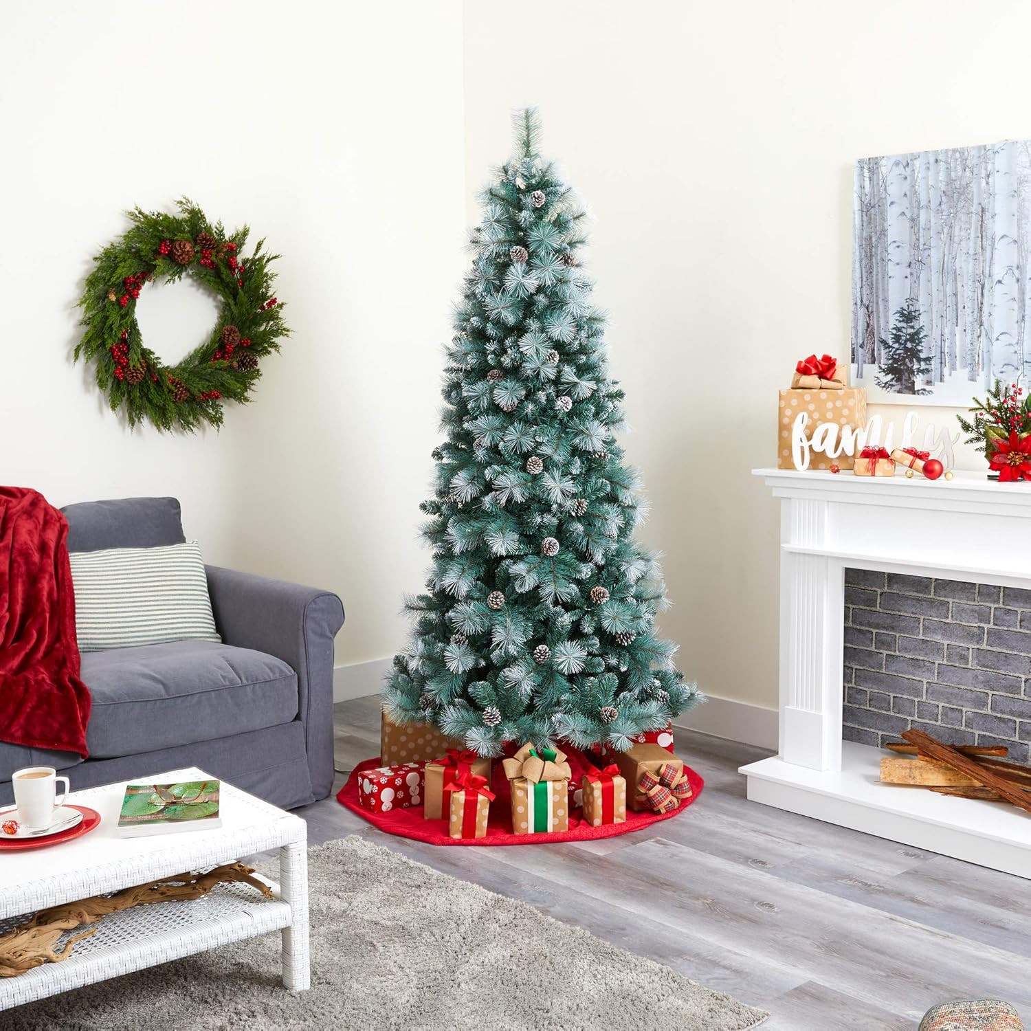 7Ft Frosted British Columbia Pine Tree with 400 Lights & Pine Cones