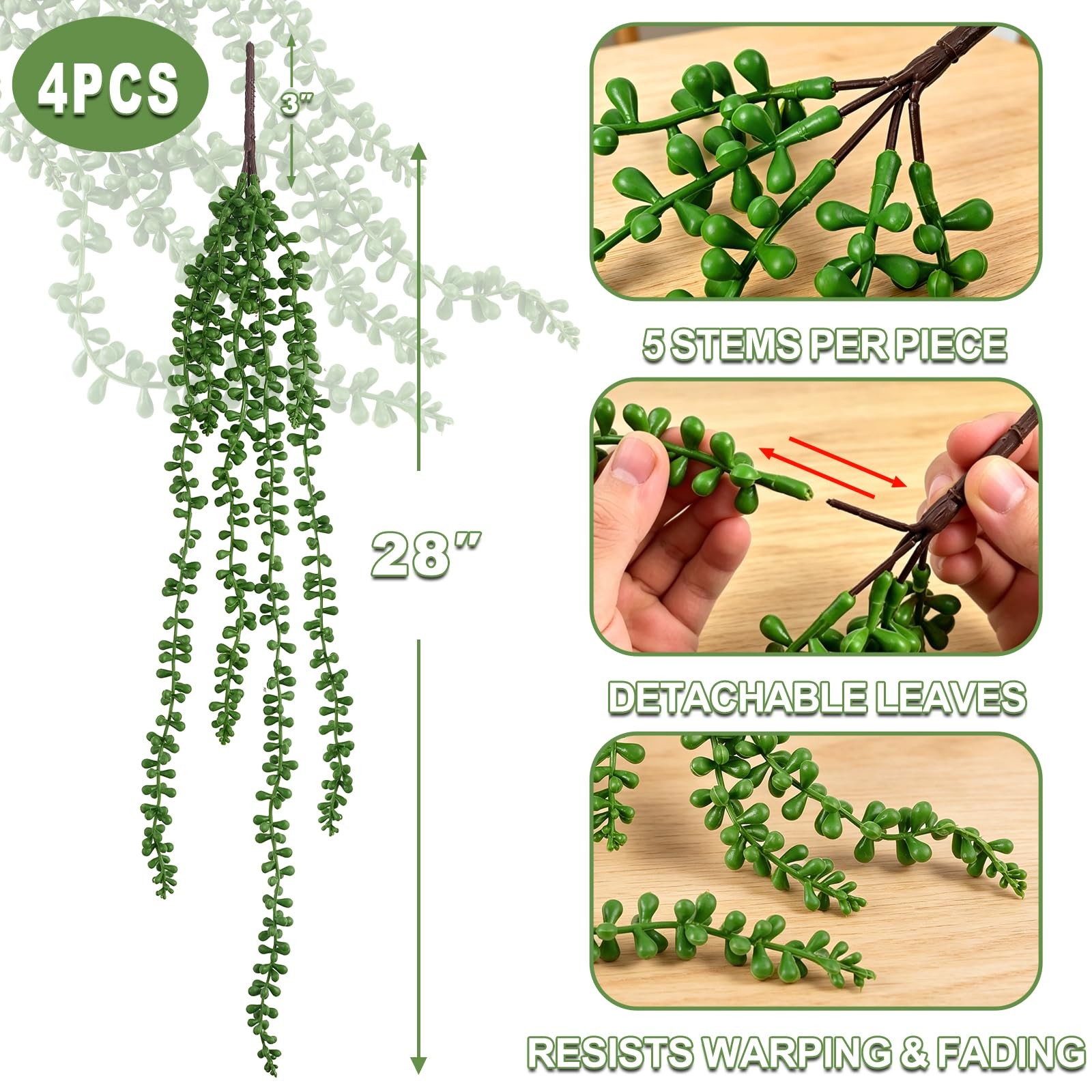 4 Pcs String of Pearls Plant Artificial Hanging Succulents Plants Draping Gre…