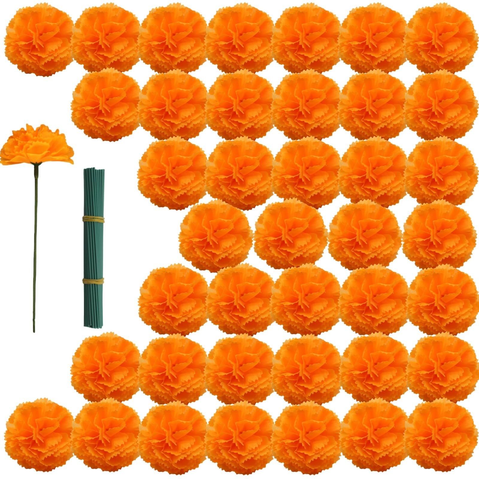 60 PCS Orange Artificial Marigold Fake Silk Flowers Day Of The Dead Decor
