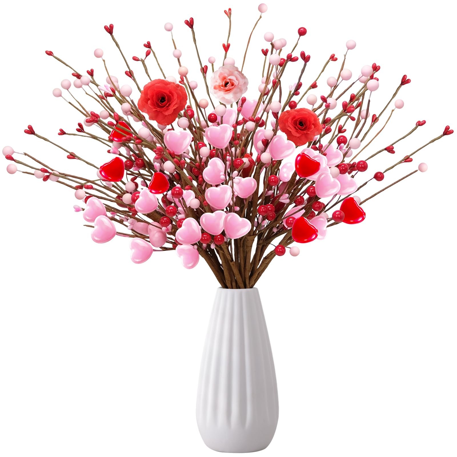 25Pcs Pink Heart Berry Picks with Red Berries Valentines Day Decorations – Ar…