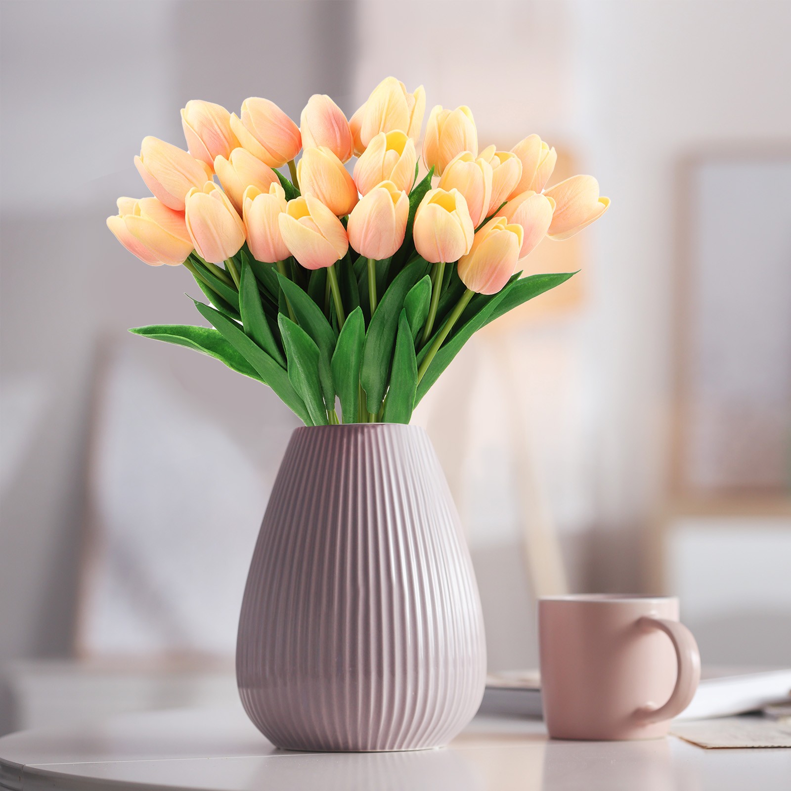 24Pcs Fake Tulips Artificial Flowers PU Tulips with Stems Pale yellow