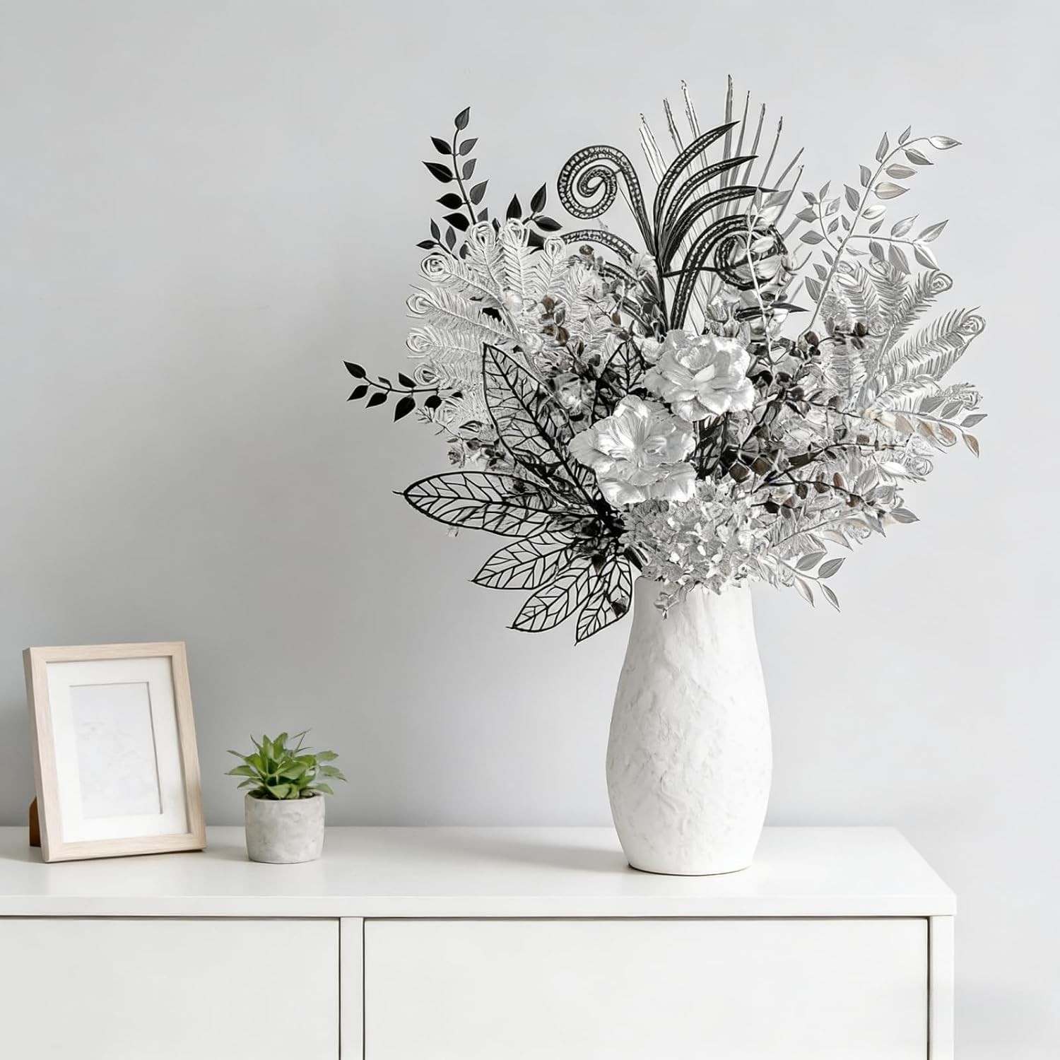 17-Inch Shimmering Black and Silver Artificial Bouquet, Modern Gothic Silk Flowe