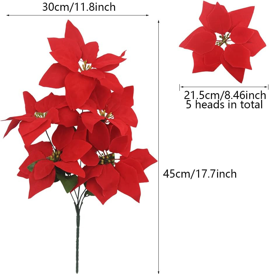 2 Pcs Poinsettia Flowers Artificial Christmas Flowers Red 5 Heads Silk Poinse