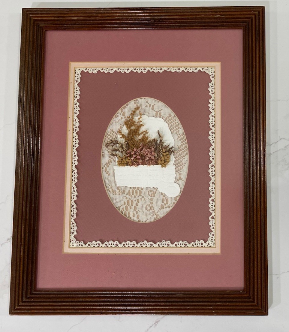 Pressed Flowers Floral Lace Border Basket Matted And Framed CottageCore Art