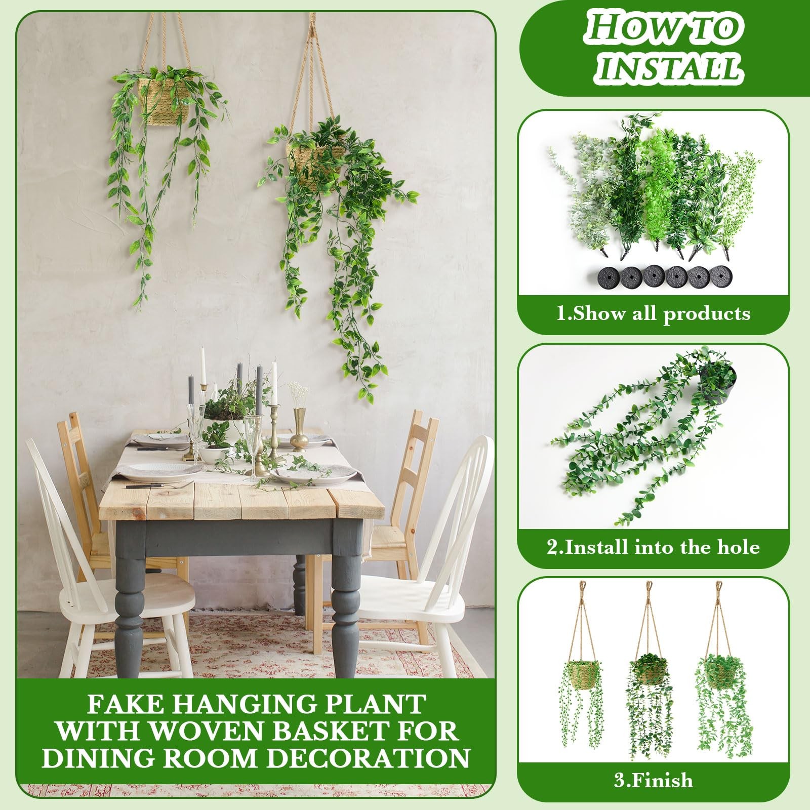 6 Set Mini Fake Hanging Plants with Woven Basket Boho Artificial Ivy Faux Vin…