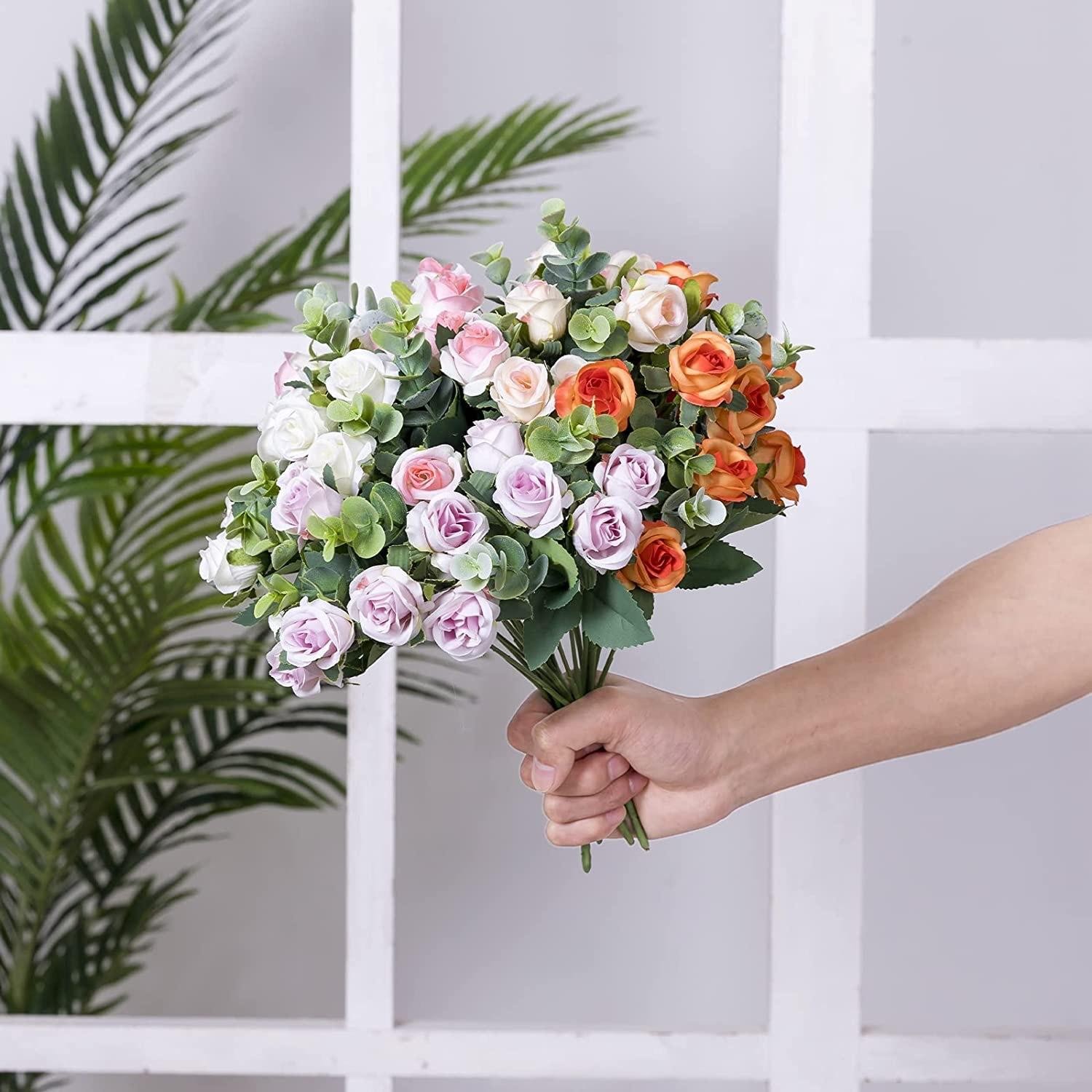 10 Head Artificial Silk Rose Peony Eucalyptus Bouquet Wedding Home Party Decor