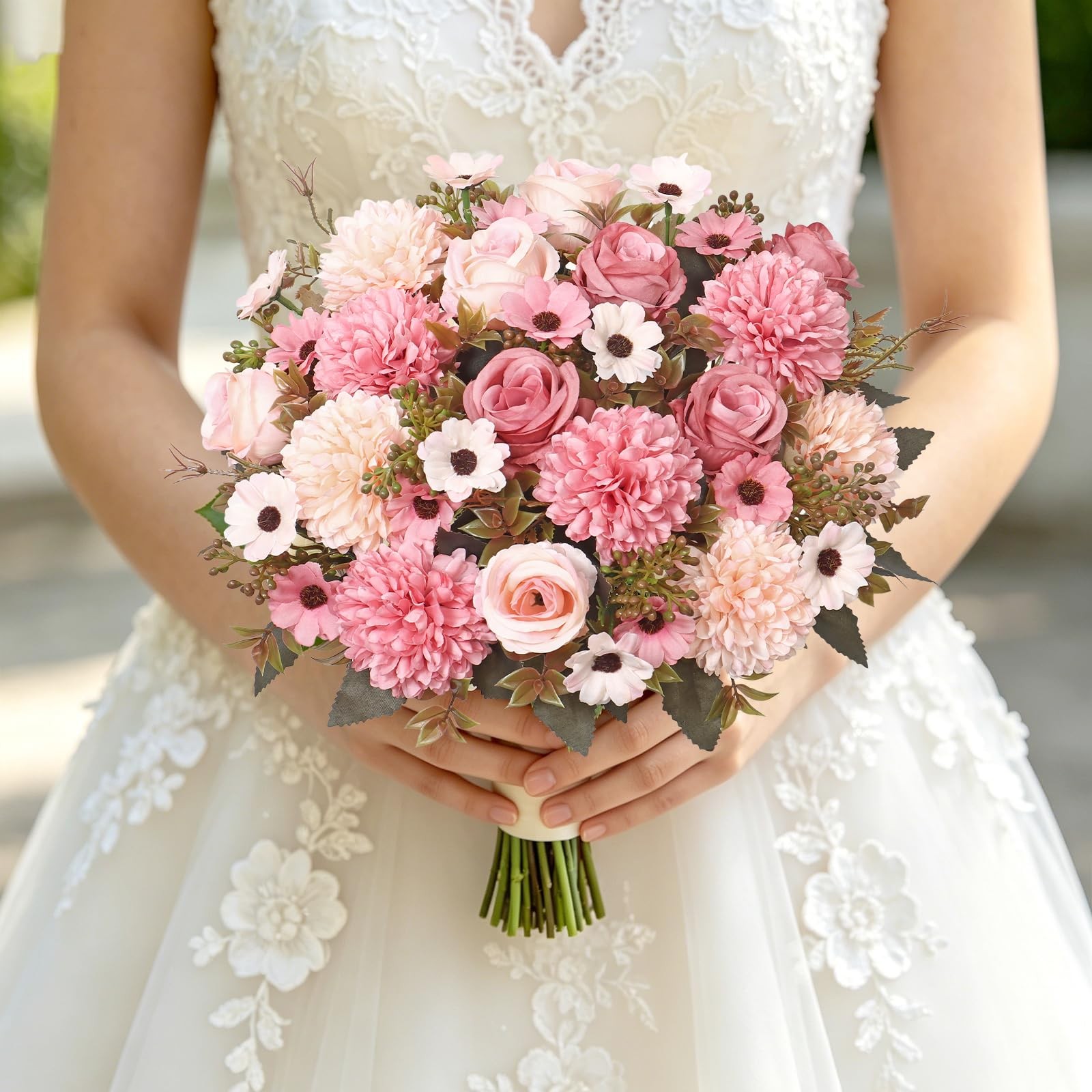 Artificial Fake Flowers,4PCS Pink Artificial Flower Bouquet with Chrysanthemu…