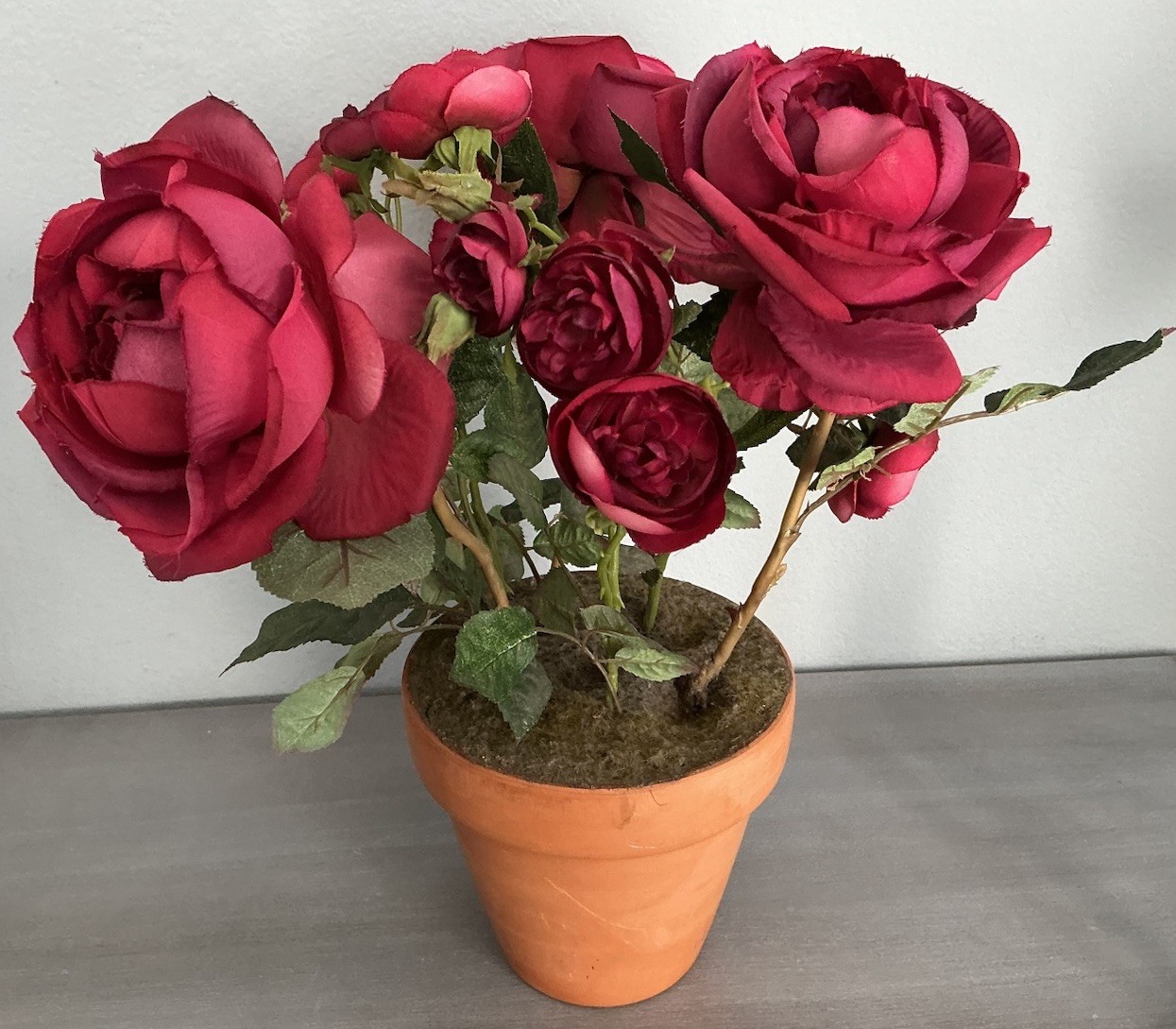 Realistic Artificial Camellia Red Roses Floral Arrangement Terracotta Pot 15’’