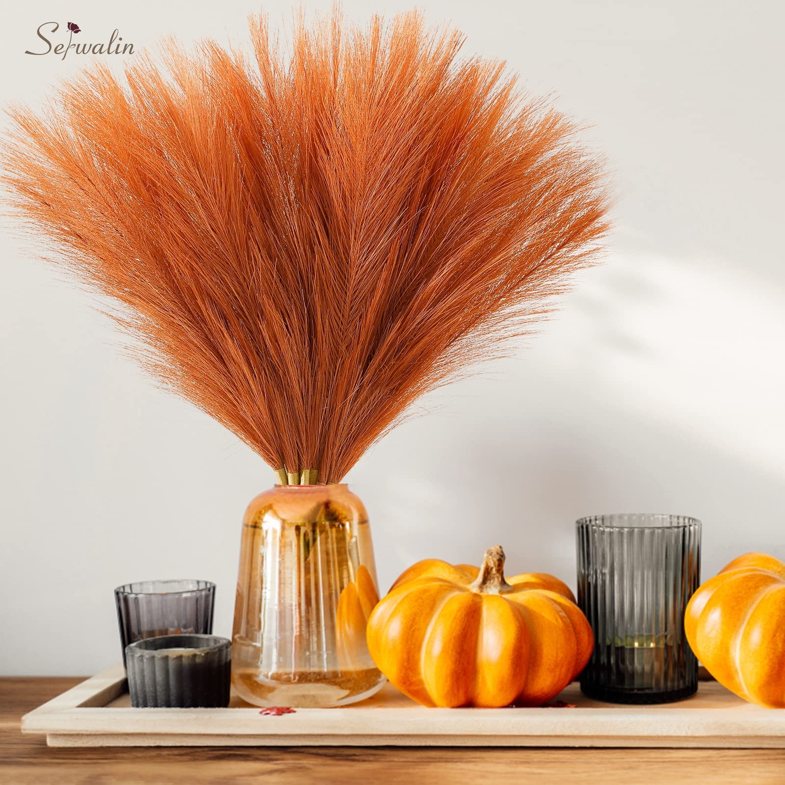 Pampas Grass Decor 17.7 Inch 6 Pcs Orange Pampas Grass, Faux Burnt Orange Pam…