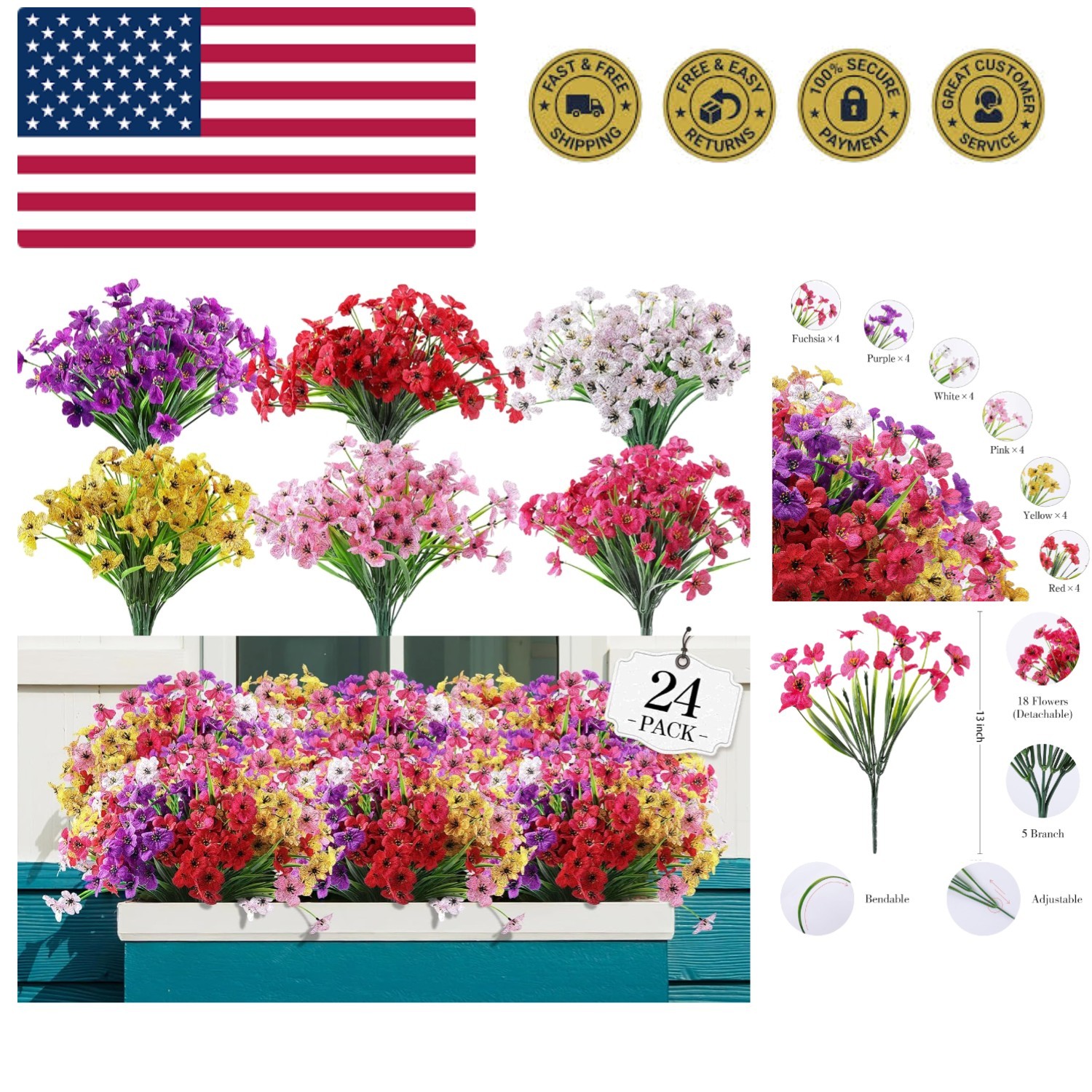 24 Bundles Artificial Flowers for Outdoor,No Fade Fake Plastic Flowers Faux P…