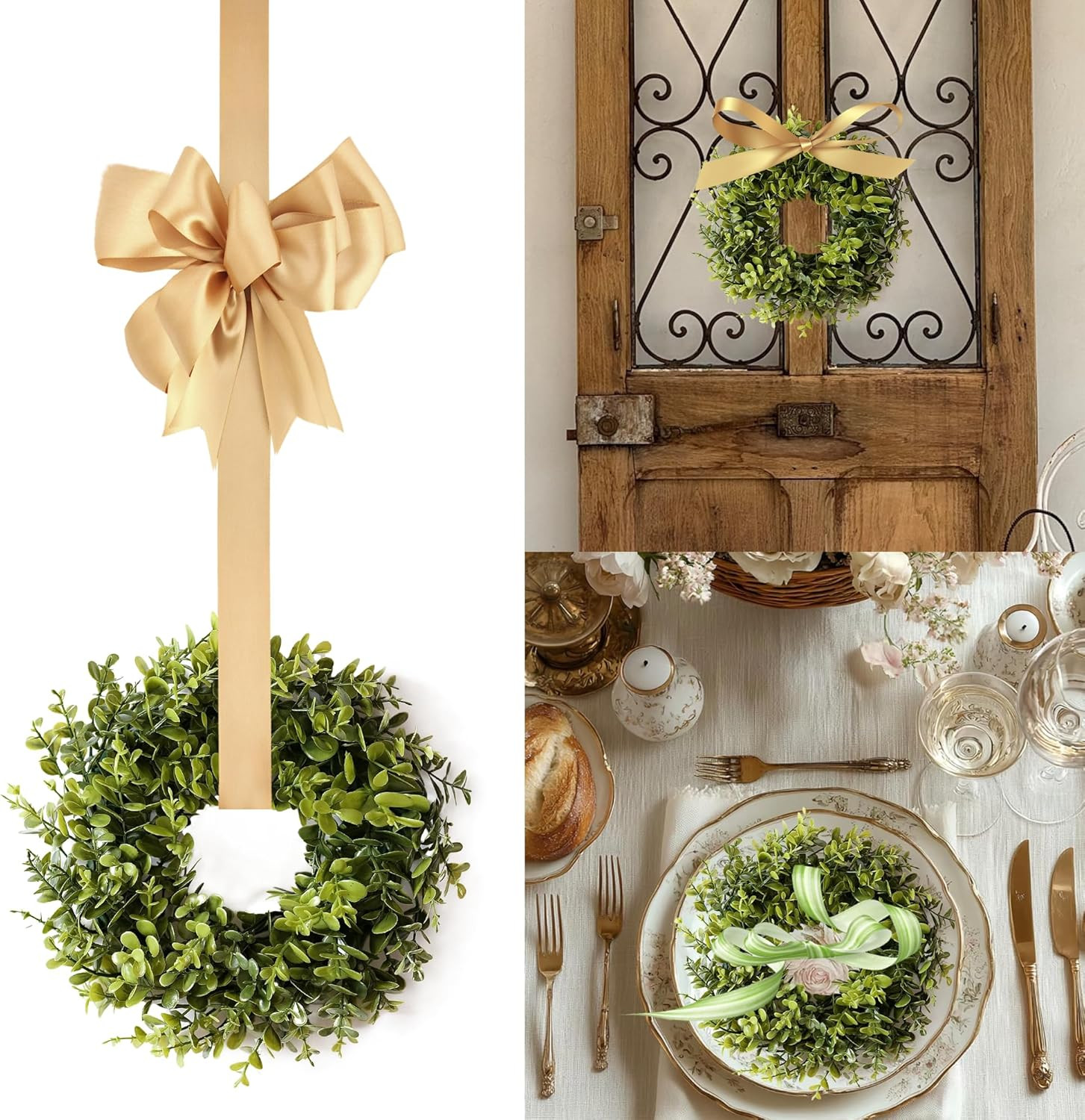 4Pack Boxwood Wreaths for Front Door，10In Candle Wreaths for Table ，Mini Greener
