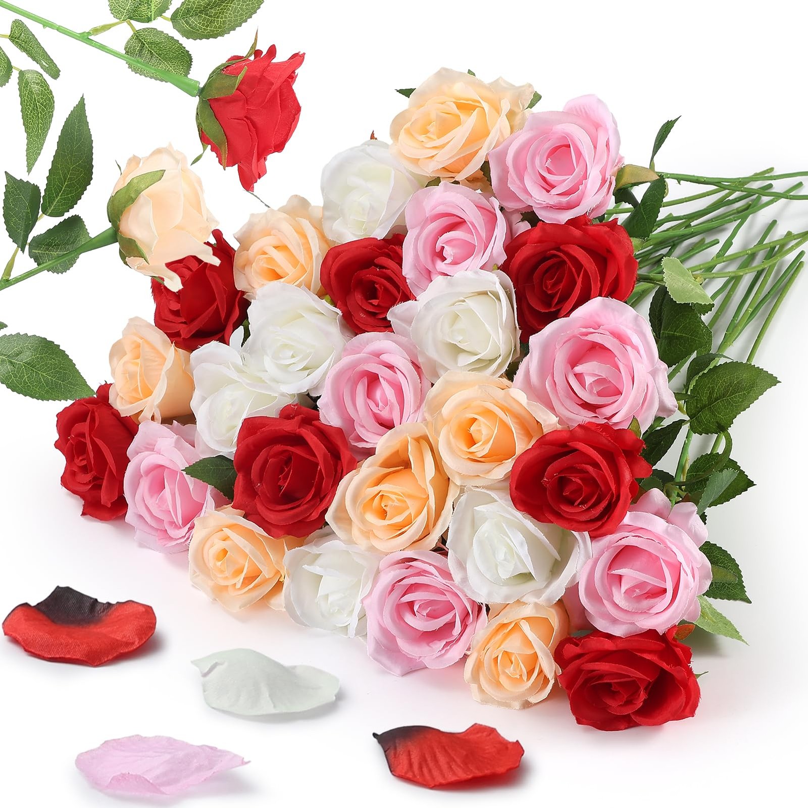 27Pcs Fake Roses and 2000Pcs Rose Petals, Artificial Flowers Silk Roses with …