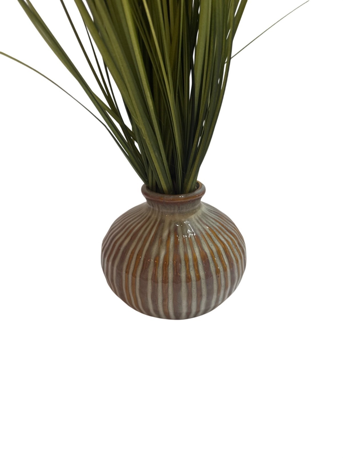 Artificial Grass In Striped Ceramic Vase Decorative Accent Greenery Arrangement