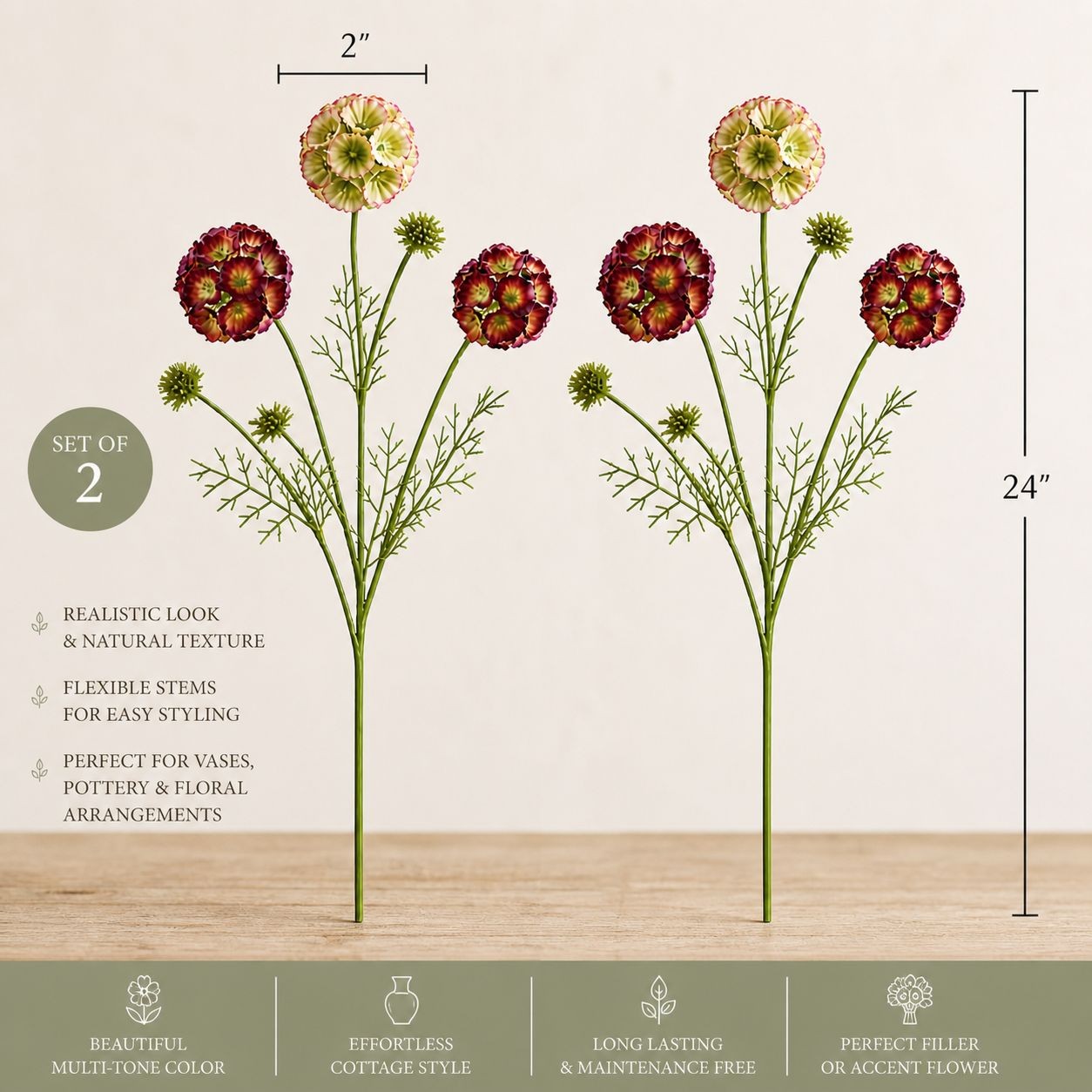 Artificial Scabiosa Flower Stems Green Blush Burgundy Faux Wildflower Cottage Fl