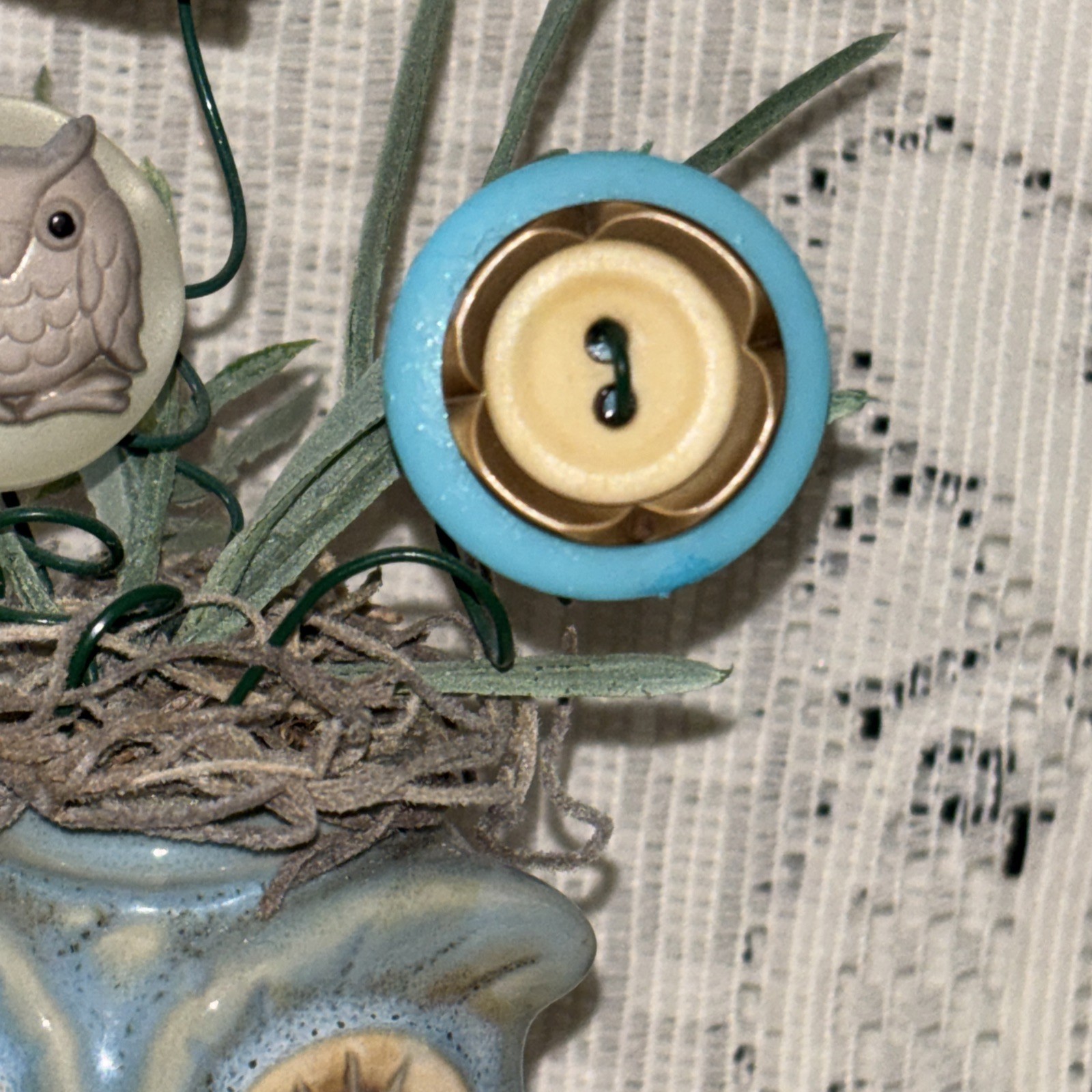 Handmade Button Bouquet Mini Ceramic Owl Vase Home Decor