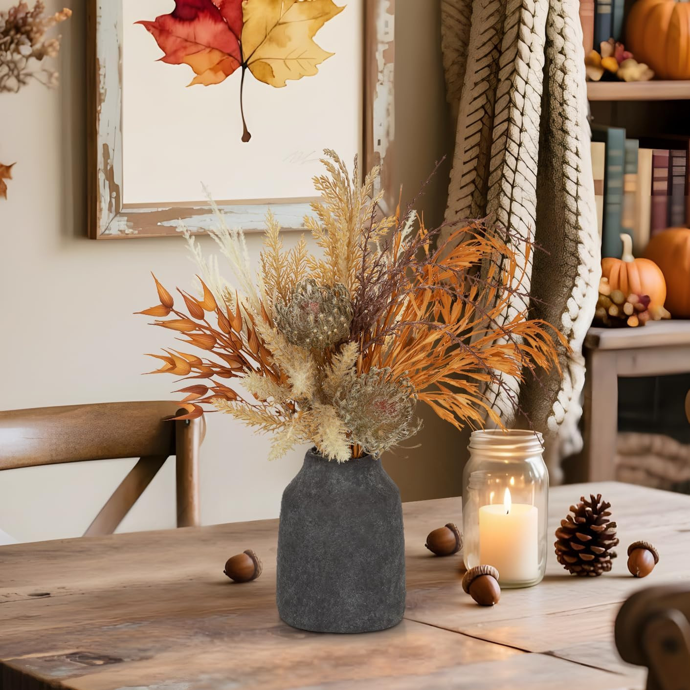 Boho Faux Pampas Grass Bouquet in Ceramic Vase – Fall Home Decor