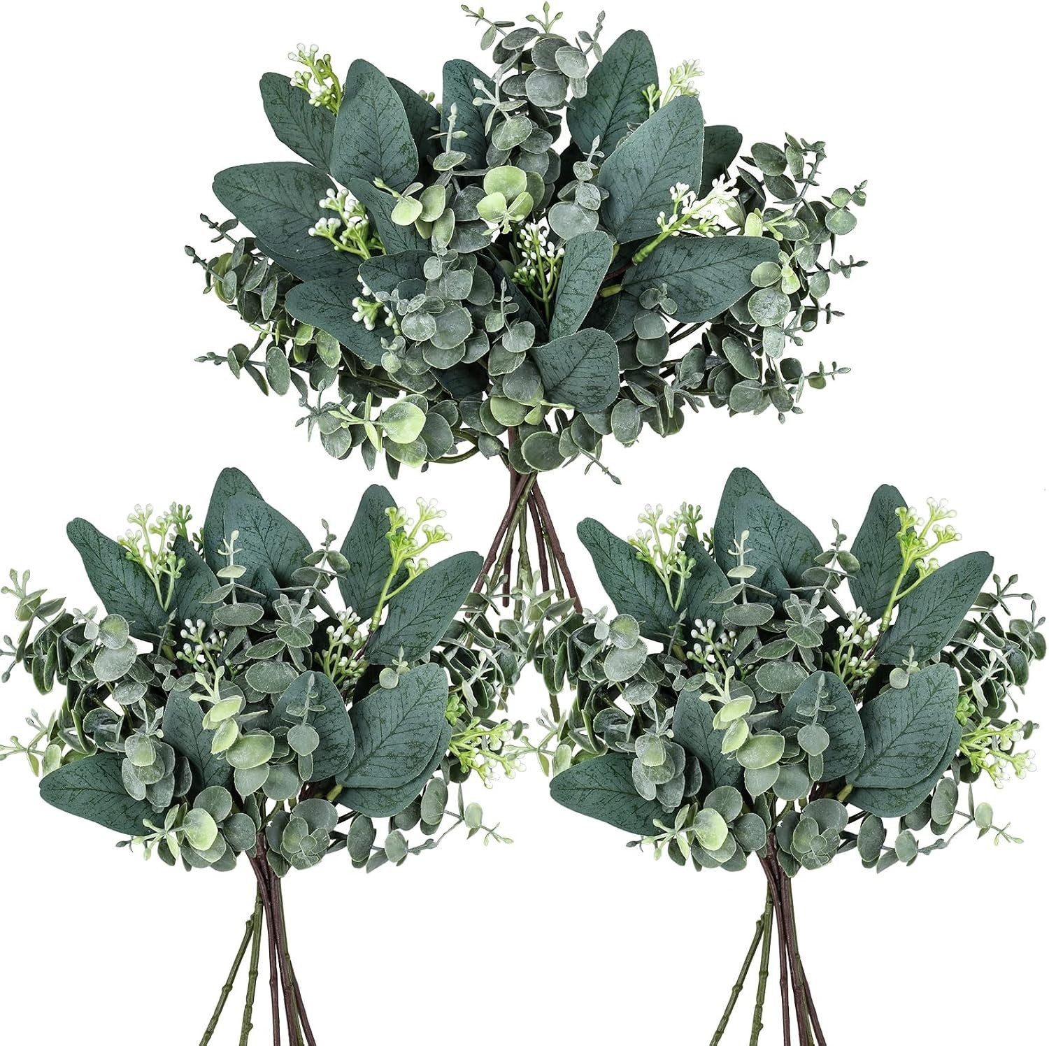 20 Pcs Mixed Artificial Oval Eucalyptus Leaves Bulk with White Seeds Stems an…