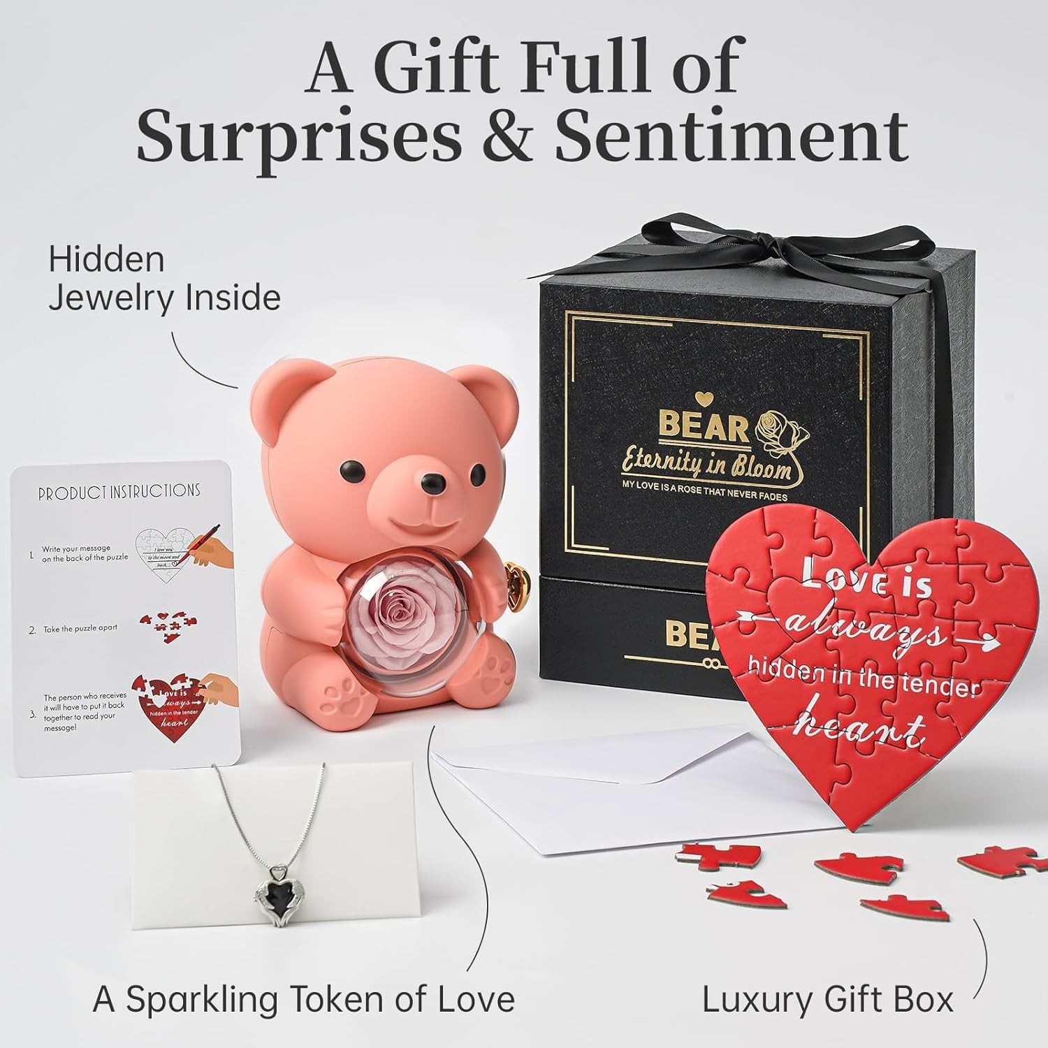 Real Preserved Rose Teddy Bear with Jewelry Compartment