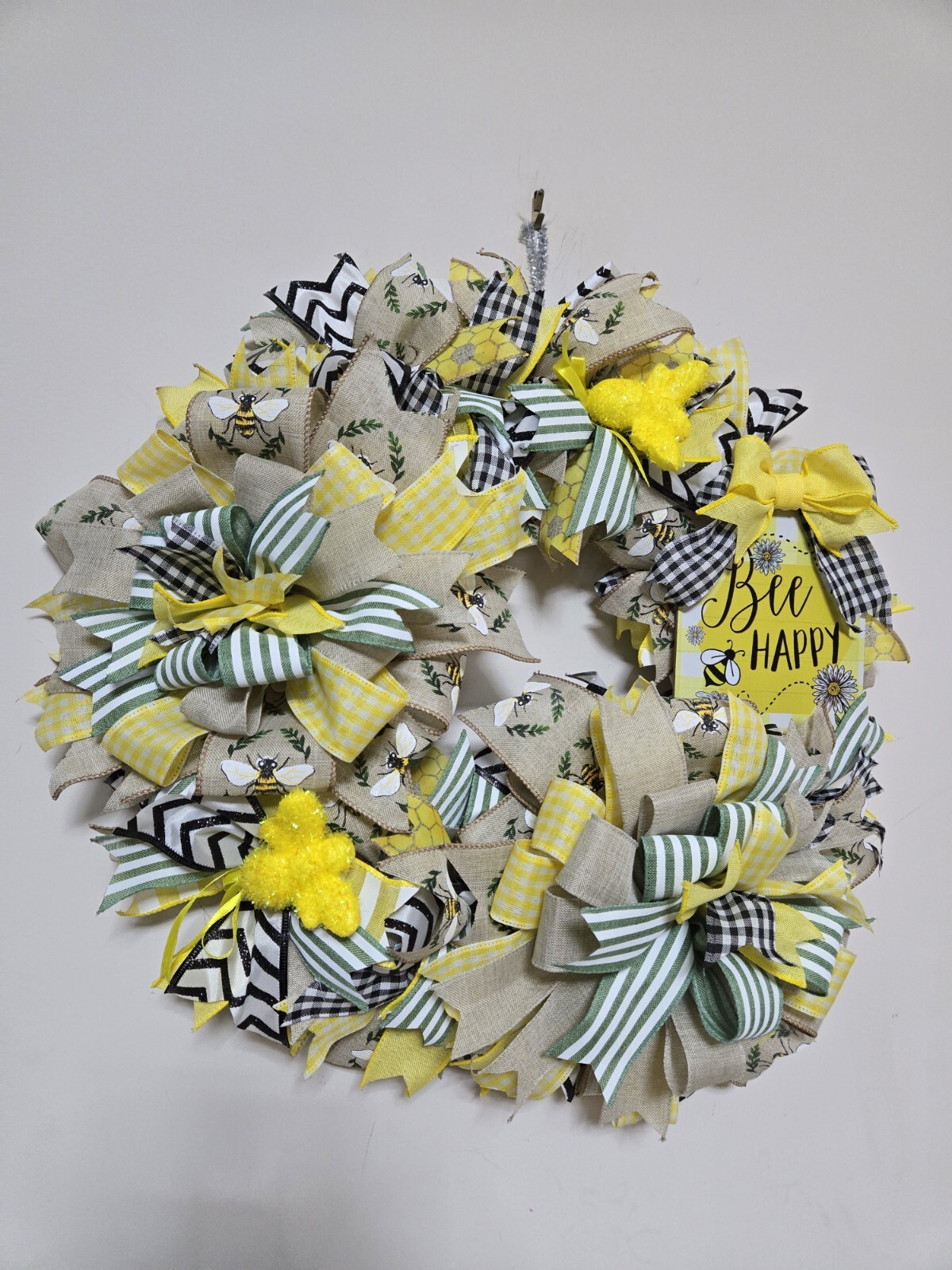 BEE happy WELCOME Spring Summer Fall Front Door Wreath Wall Decor Yellow Green