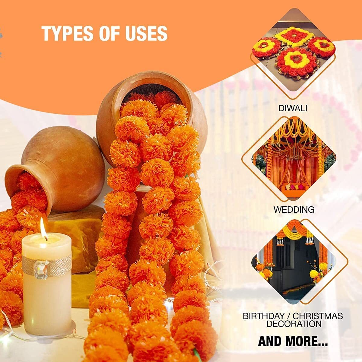 5 Pcs Yellow Dark Orange Marigold Flower Garland for Indian Wedding Decor