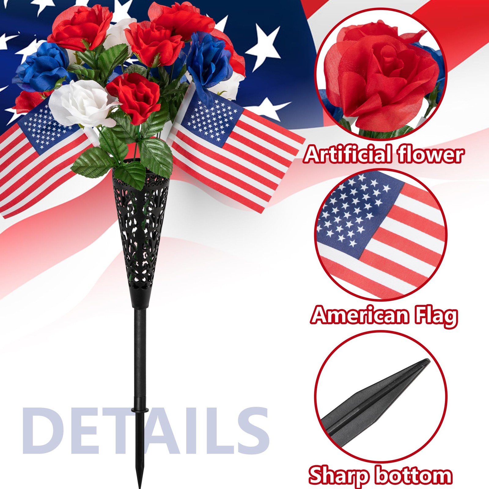 4 Bunches Memorial Day Artificial Flowers, Red Blue White Cemetery Flower wit…