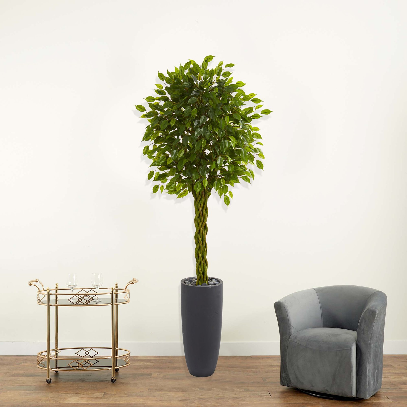 Nearly Natural 6.5ft Braided Ficus Tree in Cylinder Planter UV Resistant