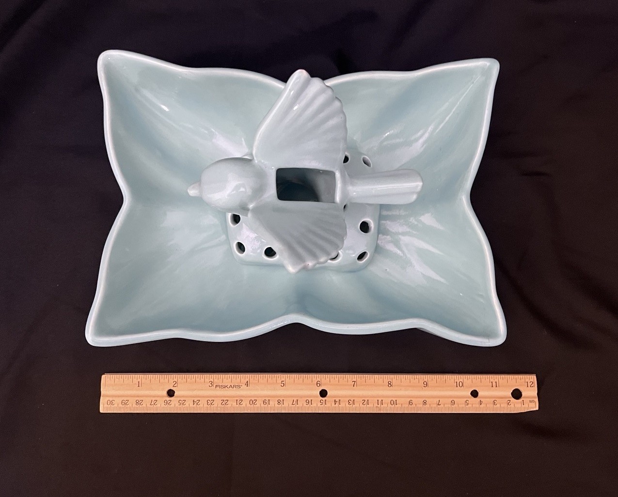 Vtg Camark Art Pottery Blue #410 Leaf Bowl Planter & Bird Flower Frog Set (S4)