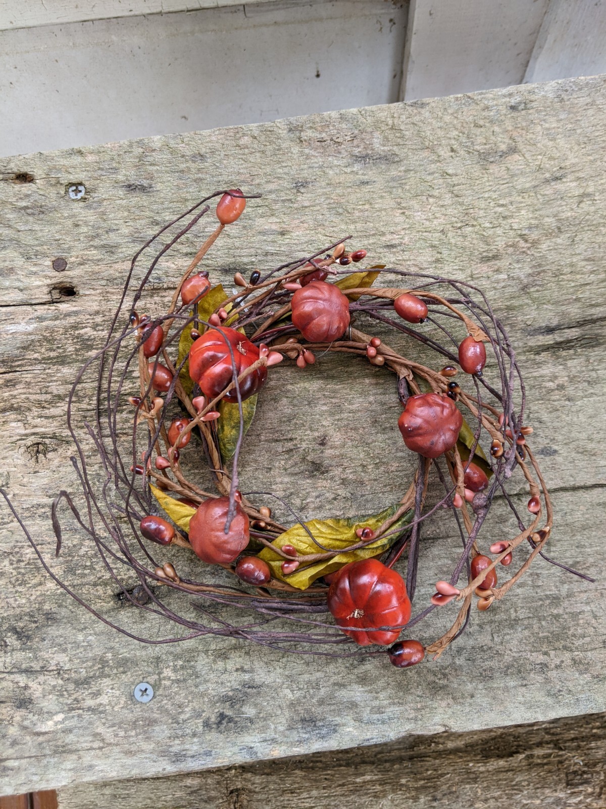 PUMPKIN BERRY CANDLE RING WREATH Pip Leaves Twig Autumn Fall Harvest 8″ x 3.5″