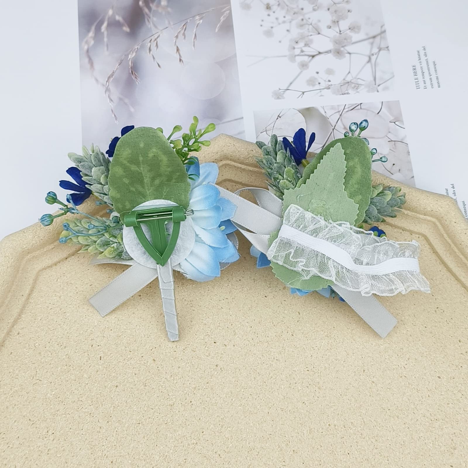 2 PCS Blue&White Artificial Wrist Corsage Boutonniere Set Prom Suit