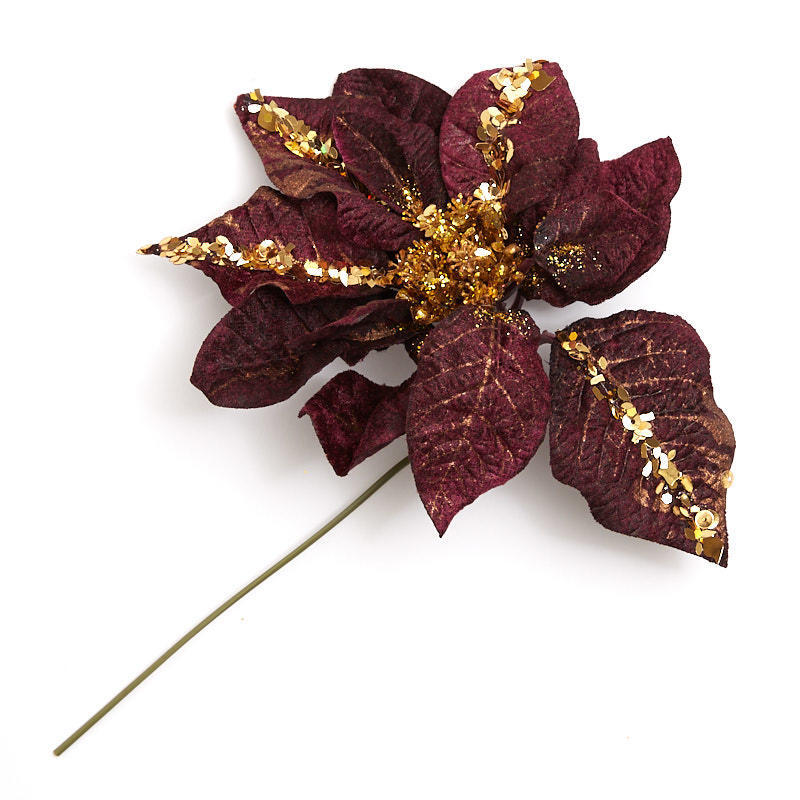 Set of 12 Velvet Purple Poinsettia 11″ Picks Trimmed in Gold Glitter