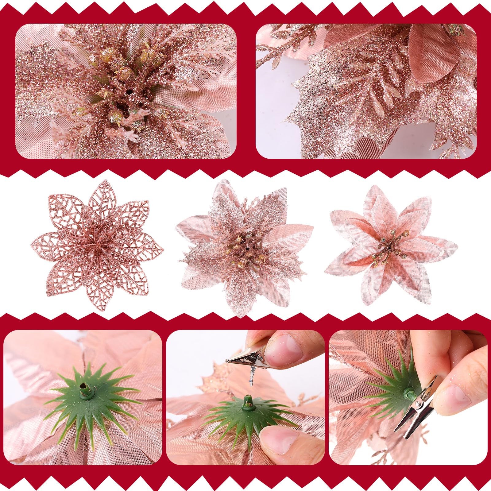 Rose Gold Christmas Glitter Poinsettia Flowers 48 PCS with Clips Berries