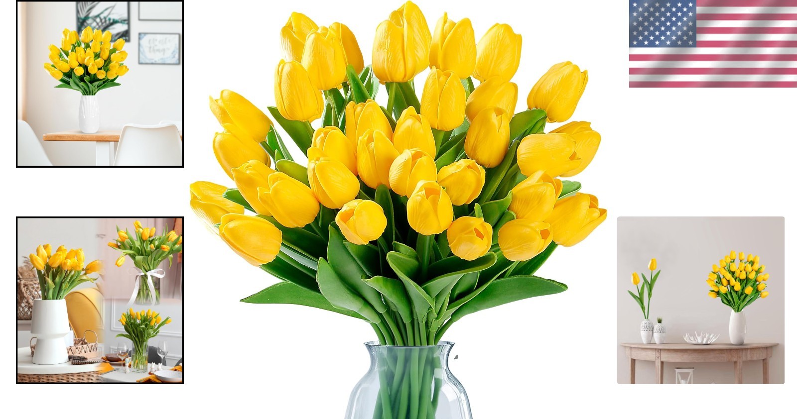 30 PCS Gold Yellow Tulips Artificial Bouquet Real Touch Faux Flowers Decor