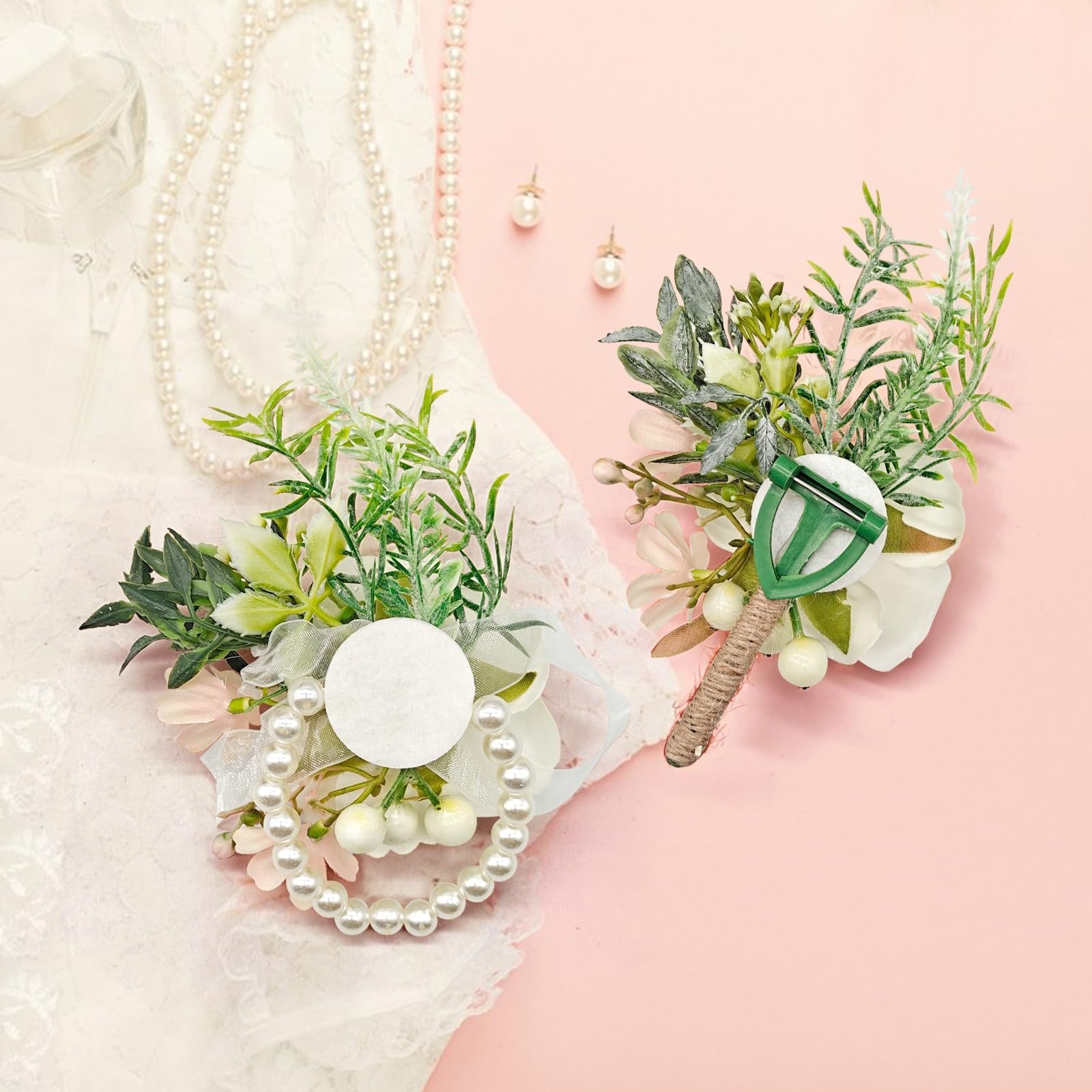 2 PCS Ivory Boutonniere Wrist Corsage Set Artificial Flower Pearl Band Prom