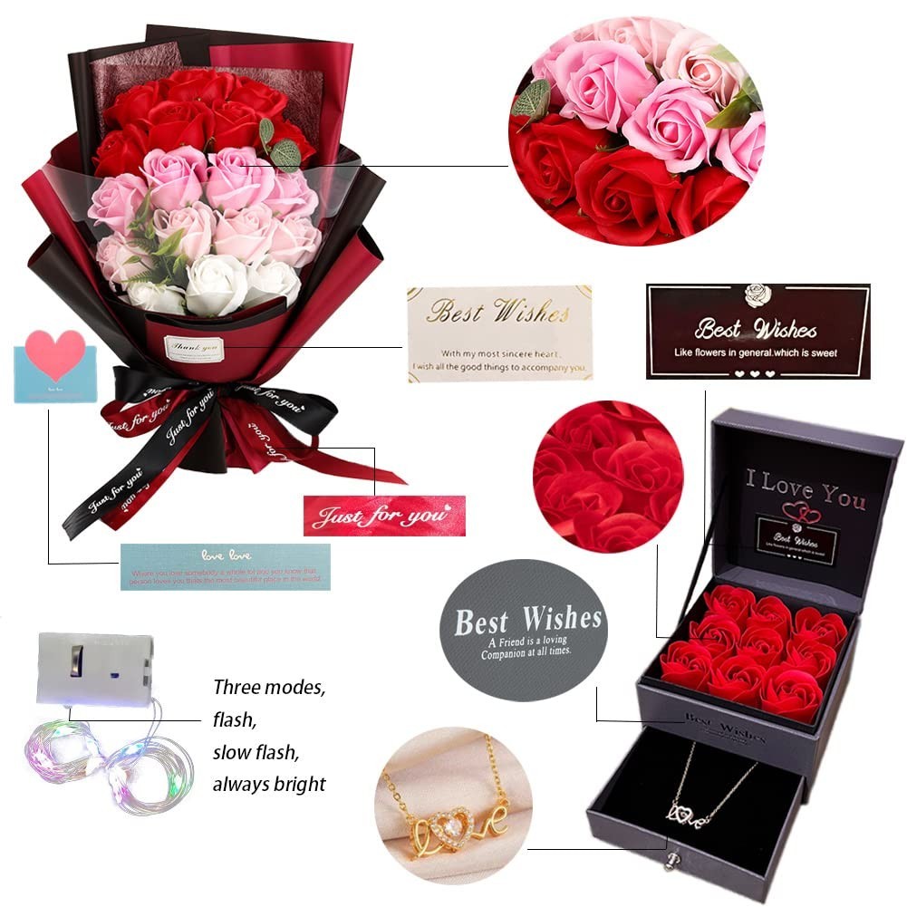 Artificial Red Rose Bouquet with Love Necklace – Unique Gift for Valentine’s, Mo