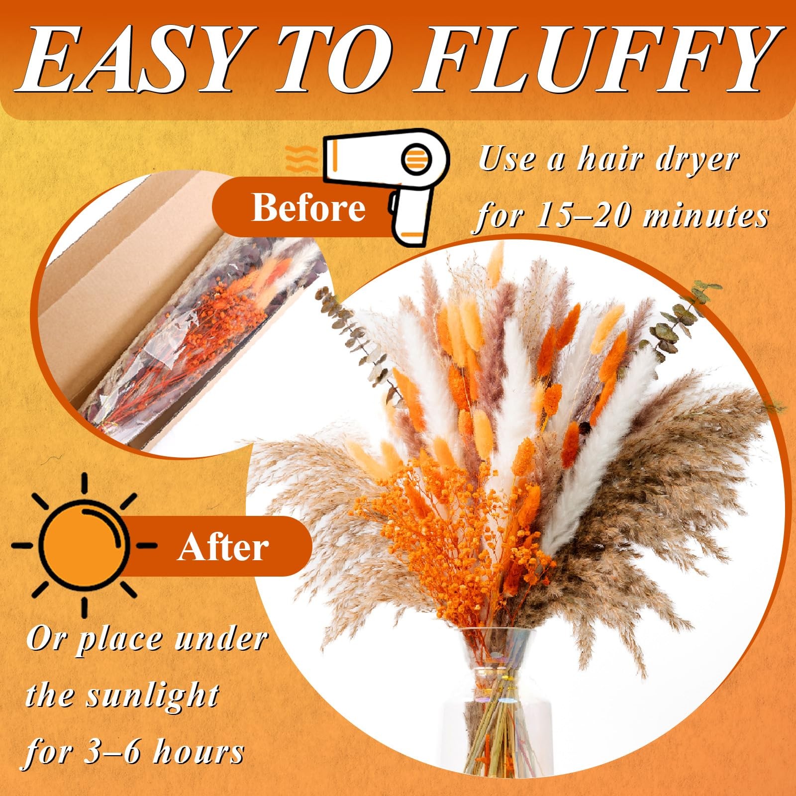 120Pcs Orange Dried Pampas Grass Bouquet, 17” Natural Baby’s Breath, Bunny T…