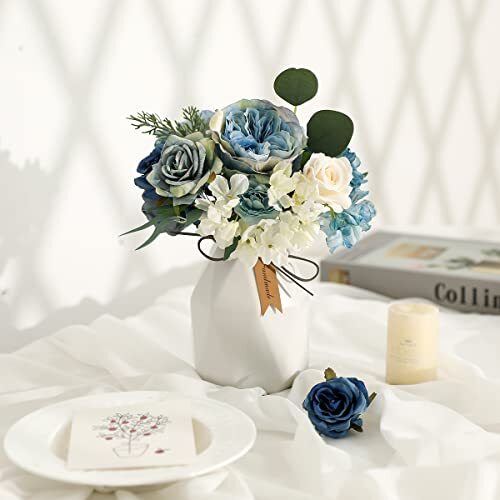 Artificial Flowers Combo Box Set Dusty Blue Flowers for DIY White Blue Rose